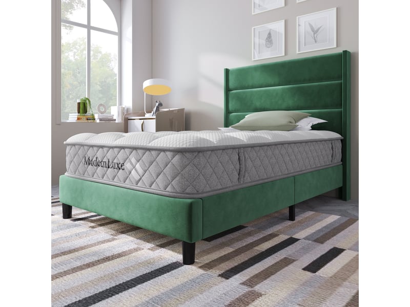  Lit rembourré, lit enfant 90x200 cm, sommier à lattes, velours vert, matelas inclus  - Conforama A