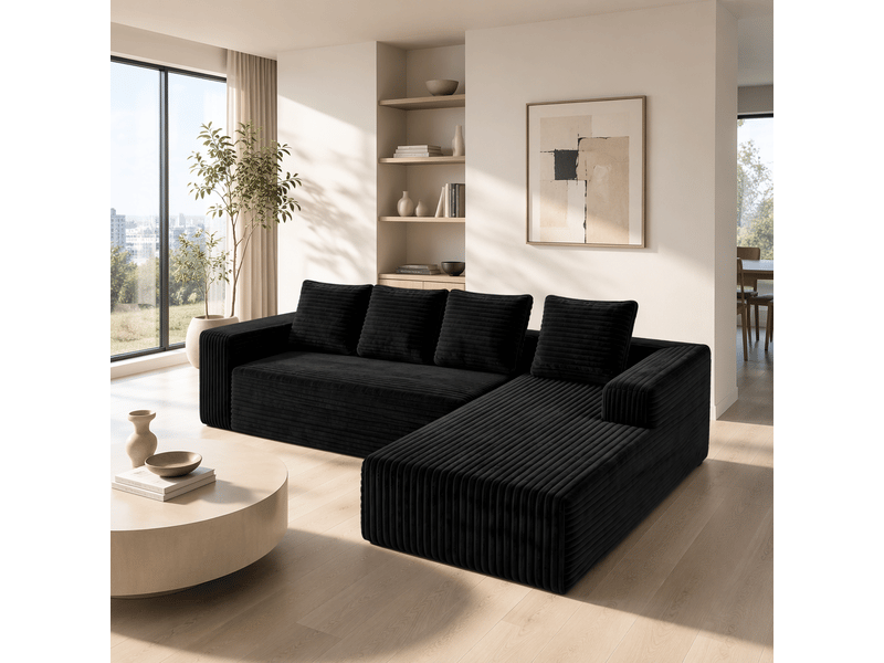  Canapé d’angle modulable 261 cm, méridienne droite, 3-4 places, canapé nuage sans cadre rigide, assise profonde, mousse et ressorts, velours côtelé, noir Morn Vibe - Conforama C