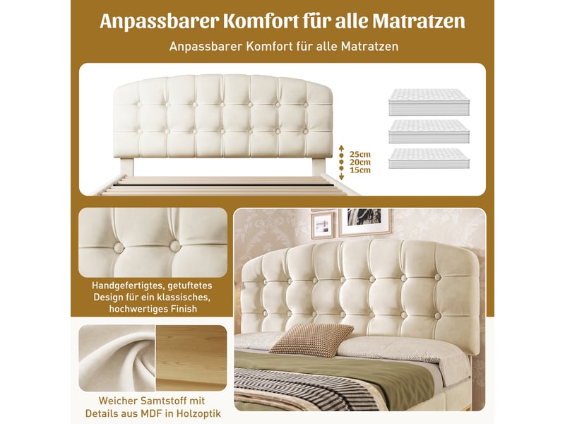  Lit double 140x190 capitonné en velours beige avec tiroirs de rangement  - Conforama C