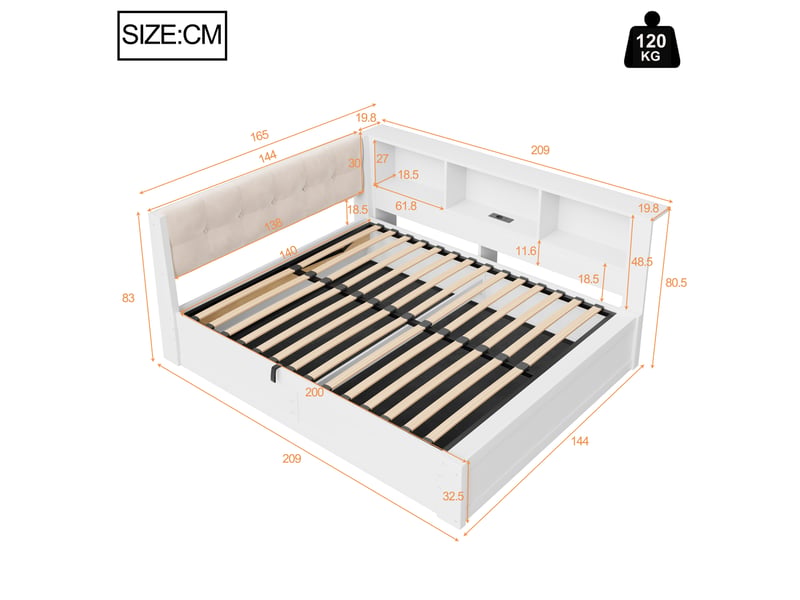  Lit de jour 140x200 lit coffre avec rangement hydraulique, lit simple blanc avec led et port usb  - Conforama C