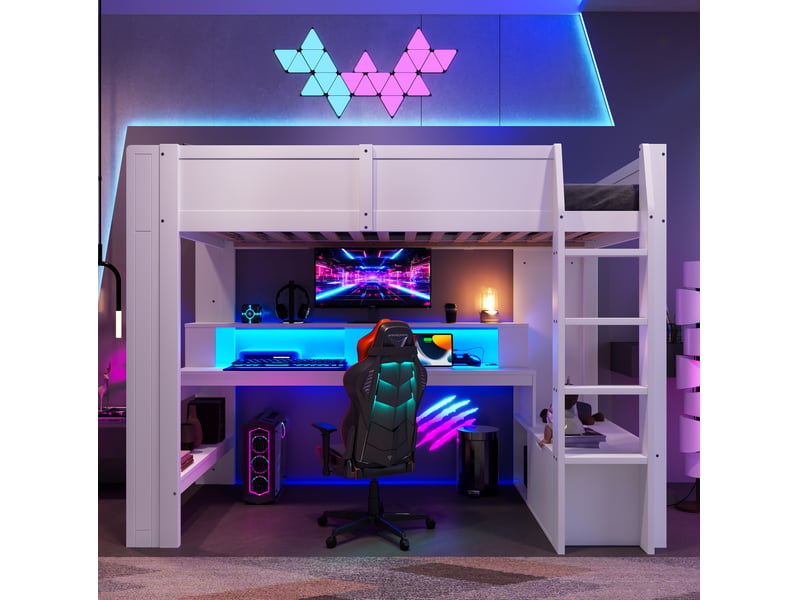  Lit mezzanine 90x200 cm avec bureau et éclairage led en bois blanc  - Conforama C