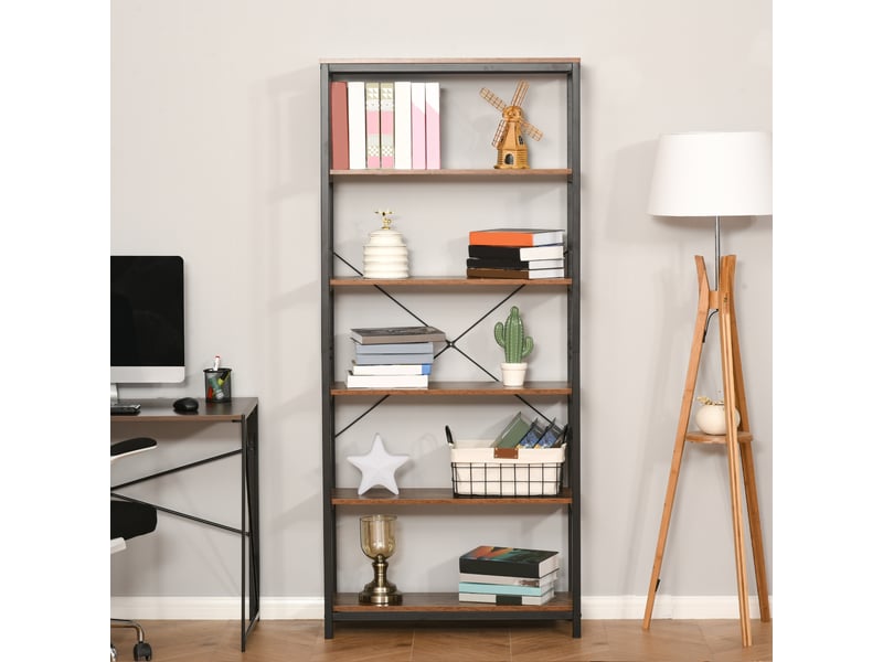  Bibliothèque verticale de style industriel vintage, étagère gain de place à 6 tablettes en bois noir et métal, 80 x 30 x 180 cm  - Conforama C