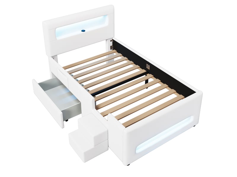  Lit enfant 90x200cm, escaliers, tiroirs, bandeaux led et espace de rangement, design confort, mdf, pu blanc sans matelas  - Conforama A