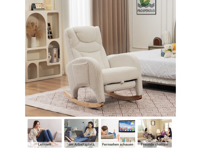 Fauteuil à bascule, chaise de salon avec accoudoir, fauteuil relax, tissu en peluche blanc, 052 chaise à balançoire - Conforama E