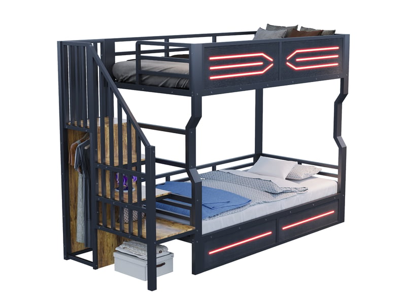 Lit mezzanine 90 × 200 cm lit enfant superposé avec espace de rangement et éclairage led,petit escalier intégré, barrière de sécurité haute,métal, noir evarich - Conforama A