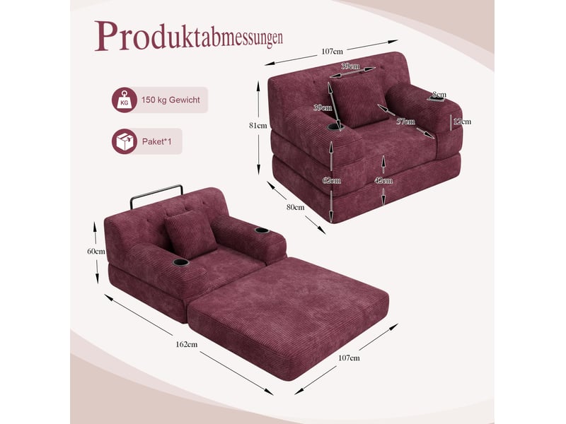 Canapé-lit tcqpz 1 place 107 x 80 x 81 cm convertible en velours côtelé bordeaux - Conforama C