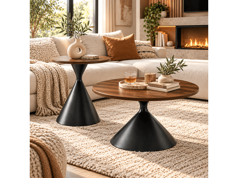 Table basse ronde ensembles avec plateau effet noyer et structure acier noir - Conforama W