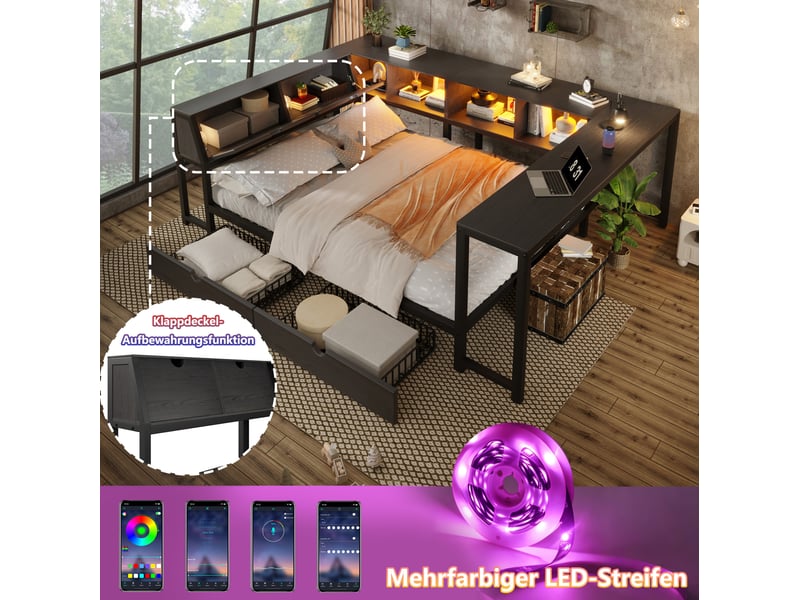  Lit double 140 × 200 cm avec bureau, tête de lit relevable, 2 tiroirs, éclairage led, métal et mdf, pour chambre, noir  - Conforama E