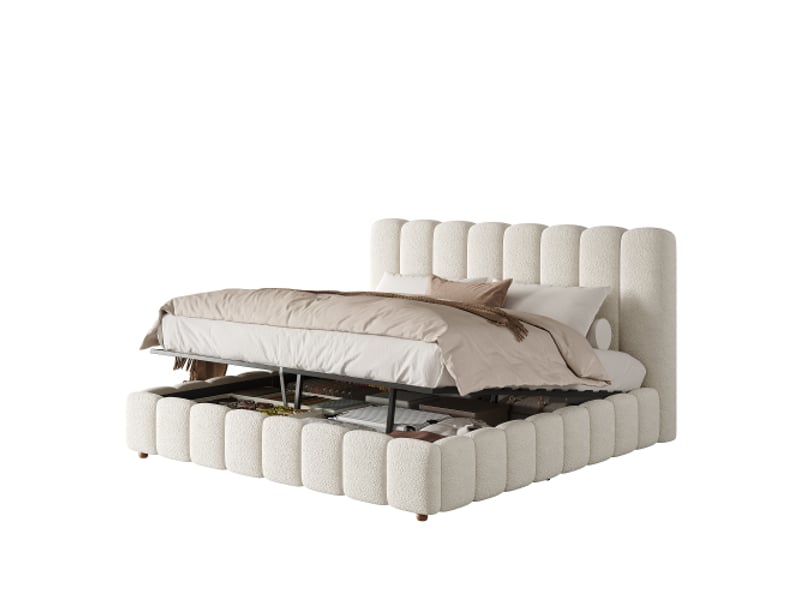 Lit double 180x200 cm avec coffre hydraulique, sommier et tête de lit rembourrée bouclée blanche - grand rangement - Conforama A