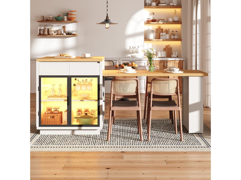 Îlot de cuisine 194.5x70x94 cm - éclairage led - extensible - 6 places - 2 à 6 personnes - grand rangement - portes vitrées - 2 tiroirs - blanc CozyNest - Conforama C