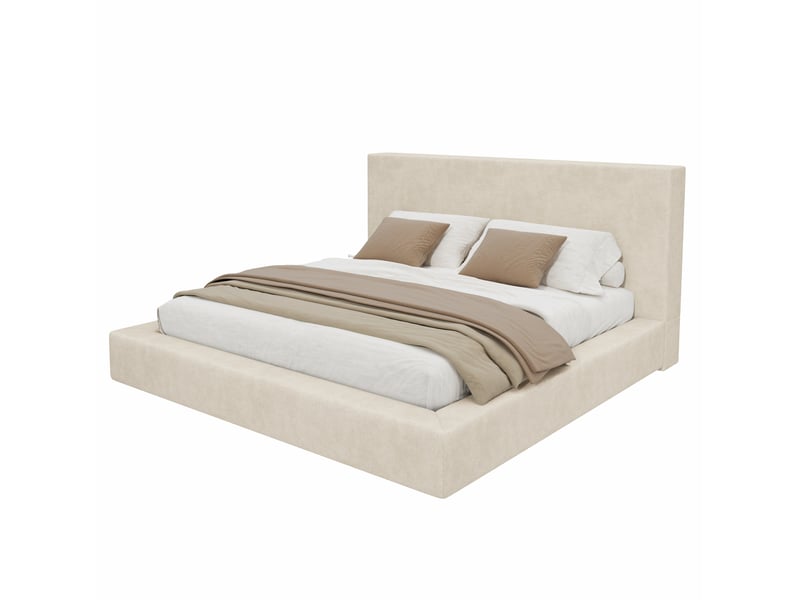  Lit double rembourré 160x200 cm lit adulte avec sommier à lattes en chenille beige, sans matelas  - Conforama A