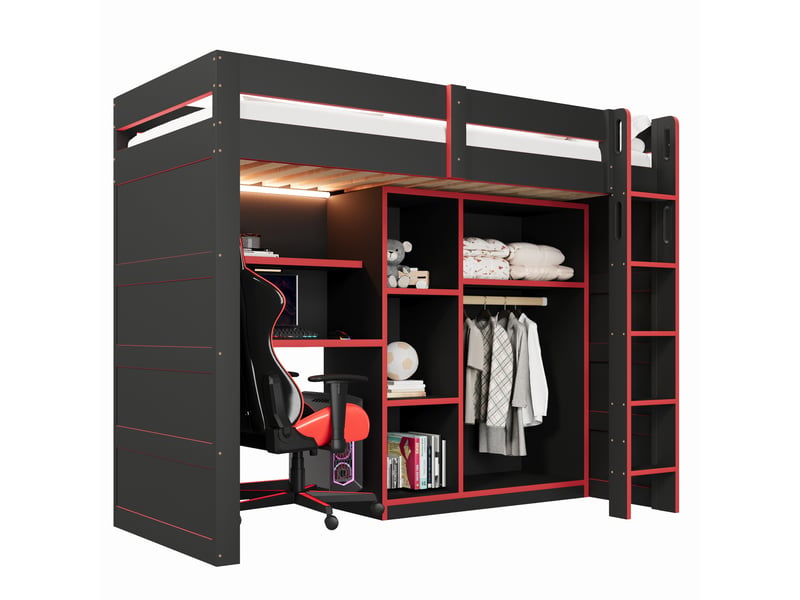 Lit mezzanine 90x200 cm en mdf et contreplaqué noir et rouge, bureau, rangement, led et usb, sans matelas - Conforama A