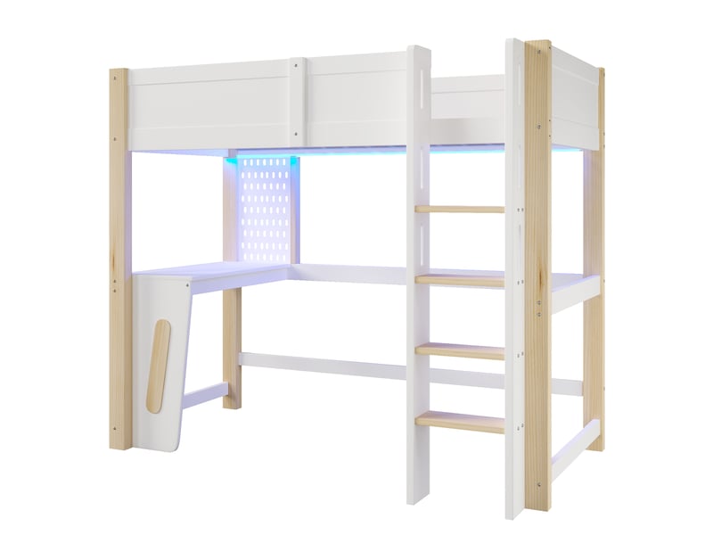 Lit mezzanine 90x200 cm en pin, bureau, panneau perforé, bandeau led, sans matelas, naturel + blanc - Conforama A