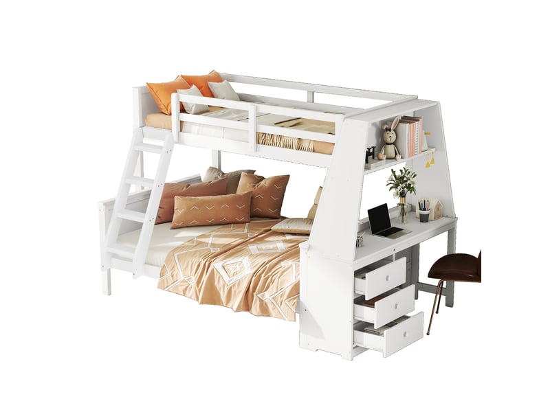  Lit superposé enfant avec bureau et bibliothèque, 90 x 200 et 140 x 200 cm, 3 tiroirs, pin massif et mdf blancs  - Conforama A