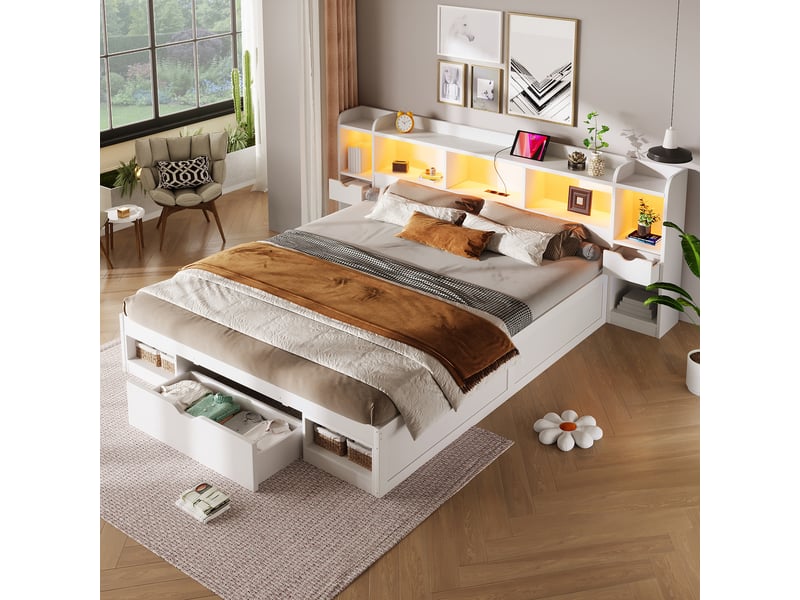  Lit double 180×200 cm, rangement, 3 tiroirs, led réglable et usb  - sans matelas, mdf blanc  - Conforama C