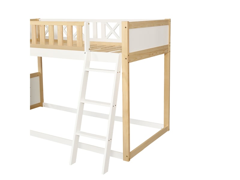 Lit mezzanine enfant 200×90 cm avec tableau à dessiner, boîte de rangement et garde-corps, sans matelas, blanc et naturel - Conforama E