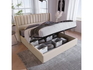 Lit coffre 140x200 cm - lit double capitonné avec sommier - lin bois métal - sans matelas - beige