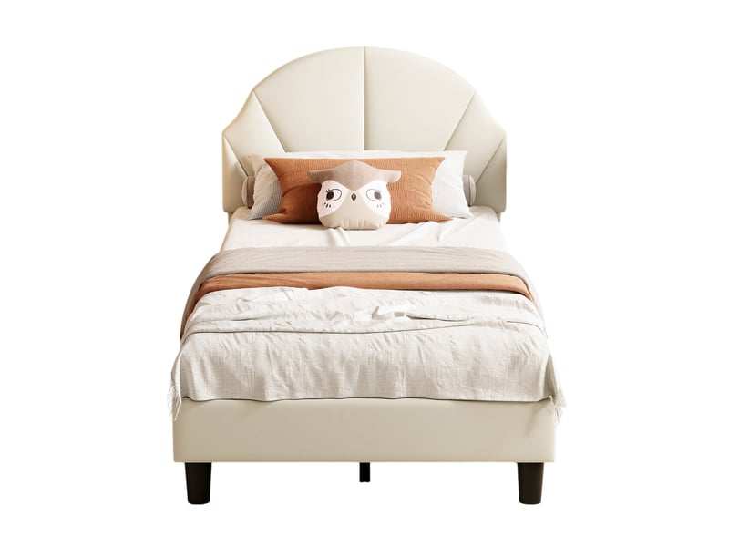  Lit enfant 90x200 cm avec tête de lit réglable, lit 1 place avec sommier à lattes, mobilier de chambre moderne, velours beige, sans matelas  - Conforama A