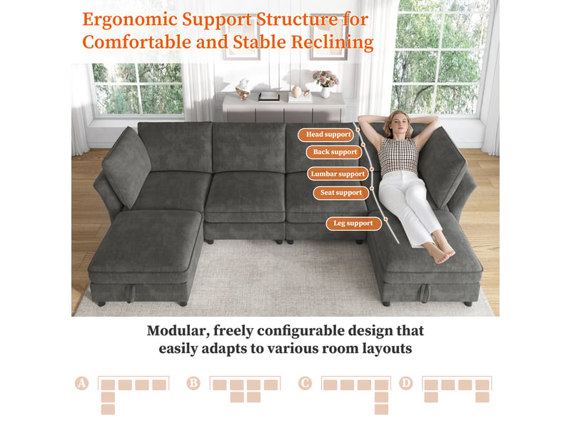  Canapé d'angle modulable en u 6 places en tissu chenille gris avec poufs de rangement  - Conforama C