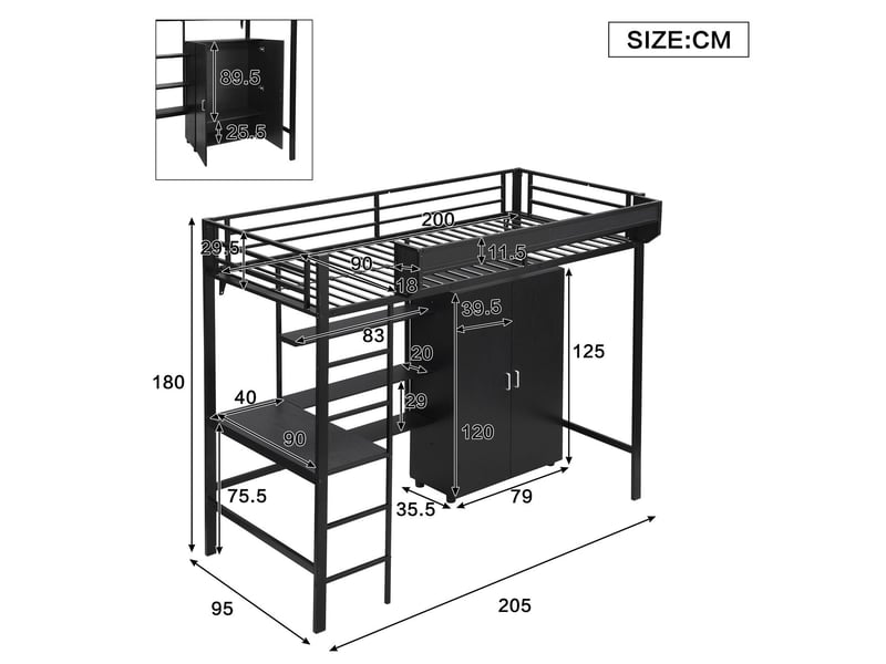  Lit mezzanine 90x200cm avec bureau et armoire - lit simple - etagères, escalier 5 marches, métal noir, gain de place  - Conforama C