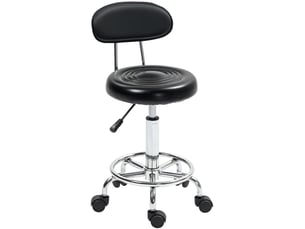Tabouret de bureau à roulettes réglable en hauteur noir, dossier et repose-pieds, pivotant à 360° pour le travail