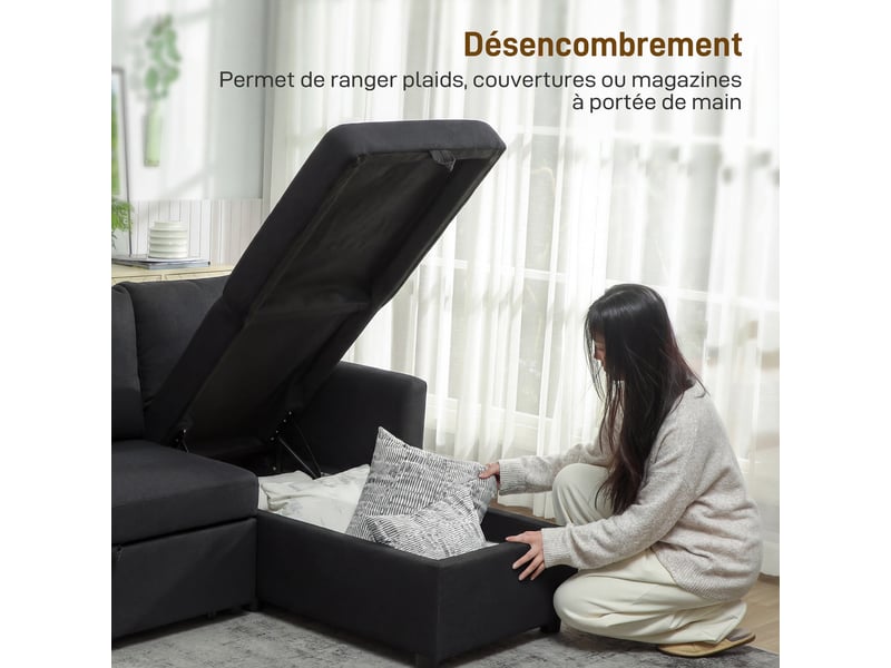  Canapé d'angle convertible, canapé-lit 3 places 192 cm avec méridienne réversible, gris anthracite, rangement caché  - Conforama R