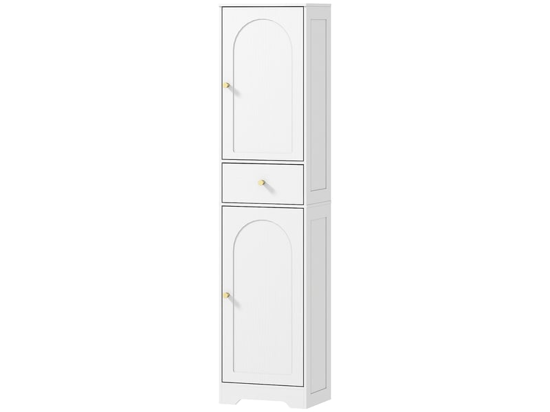  Meuble de salle de bain haut et étroit avec 2 portes cintrées, tiroir et étagères réglables, style moderne, 40 x 29,5 x 170 cm, finition bois blanc.  - Conforama B