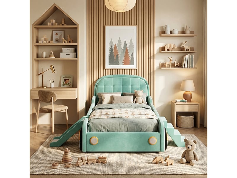 Lit enfant 90 x 200 cm voiture avec toboggan et escalier, montage gauchedroite, lit rembourré avec barrières de sécurité, velours, bleu-vert CozyNest - Conforama B