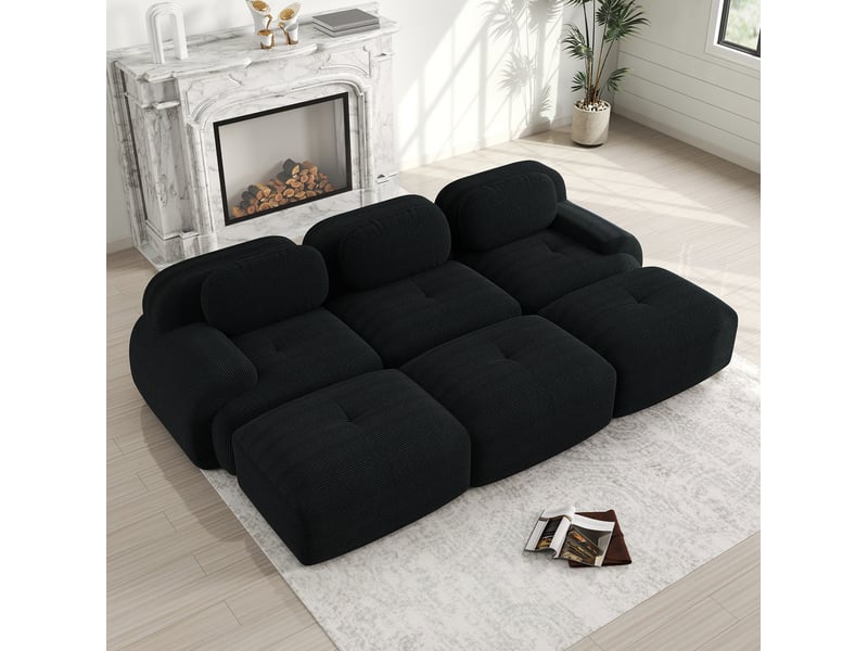  Canapé modulable modenvie 3 places avec 3 poufs velours côtelé noir 298 x 178 x 70 cm  - Conforama B