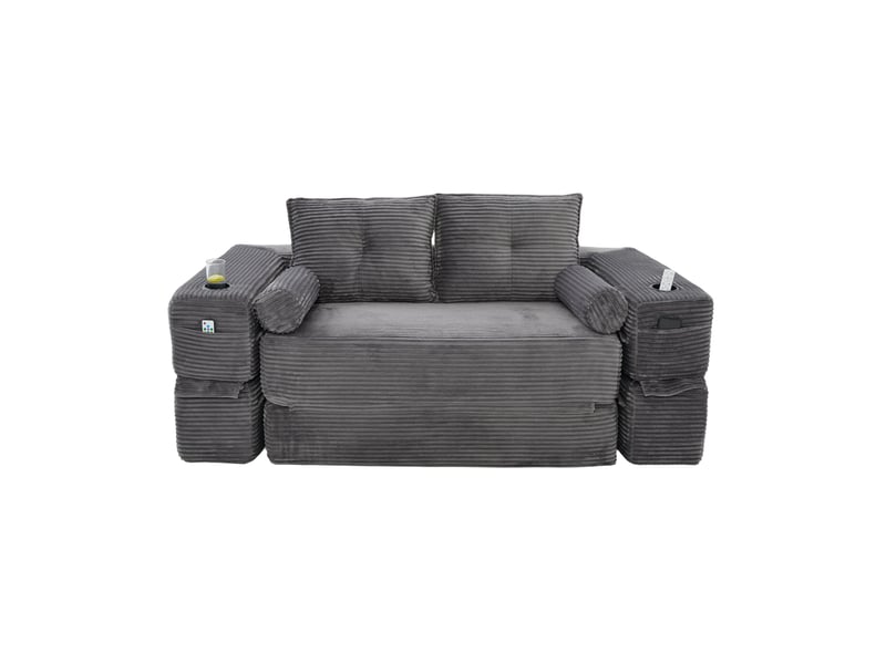  Canapé convertible 2 places en velours côtelé gris foncé avec poches et porte-gobelet  - Conforama A