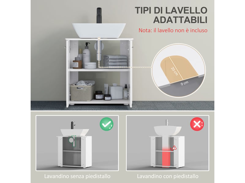  Meuble sous lavabo 2 portes blanc brillant, étagère réglable, 60 x 30 x 62,5 cm  - Conforama R