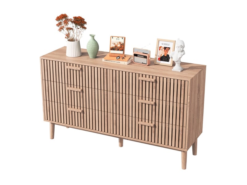  Commode 100x34x73cm - commode de chambre 6 tiroirs à façade cannelée et pieds surélevés - chêne naturel  - Conforama A