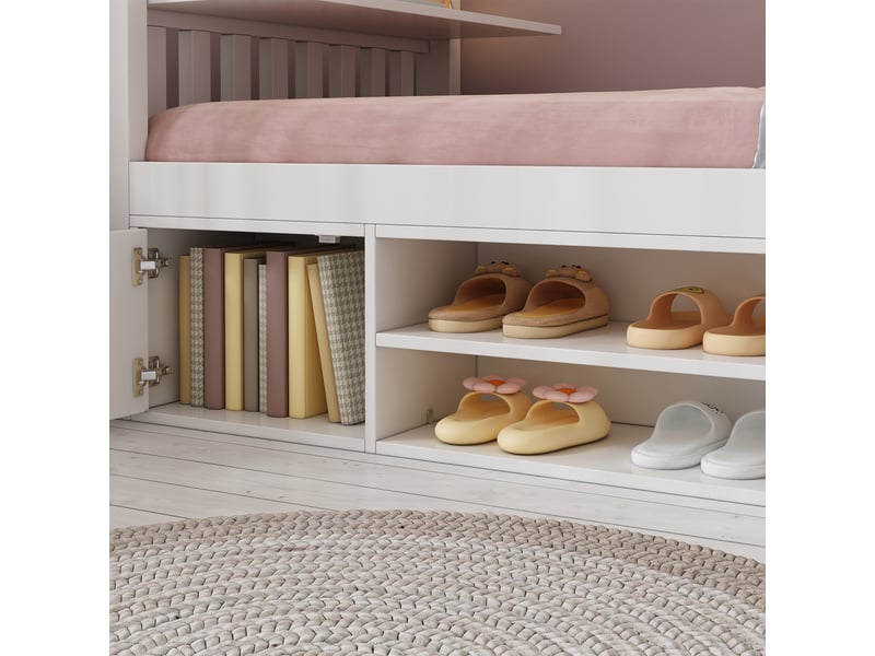  Lit mezzanine enfant 90x200 cm, lit superposé avec bureau pliant et rangement chaussures, lit gain de place en bois mdf, sommier inclus, blanc  - Conforama E