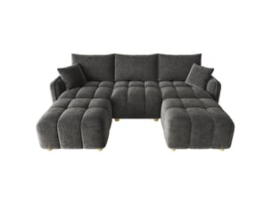 Canapé d’angle modulable 5 places 219x136x84 cm, lu convertible, 2 poufs, coussins inclus, tissu chenille, accoudoirs larges, gris