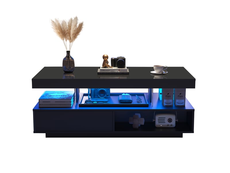  Table basse salon 95x50x42,5 cm avec éclairage led et 2 tiroirs, table de salon élégante avec espace de rangement, noir  - Conforama A