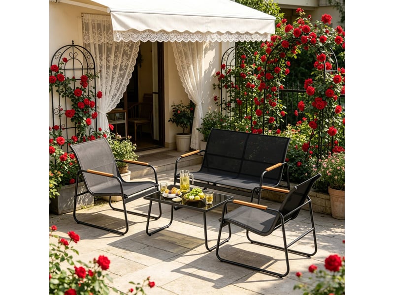 Salon de jardin 4 places 111,5 x 76,5 x 75 cm – noir – table en verre trempé et assises ergonomiques - Conforama E