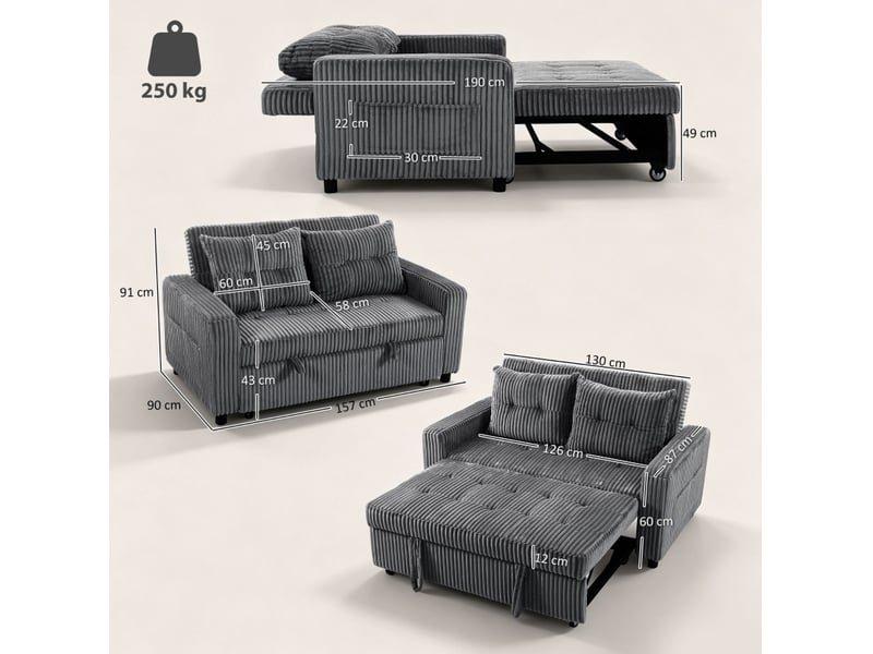  Canapé-lit 2 places 190x126 cm convertible en velours côtelé gris foncé sans matelas  - Conforama E