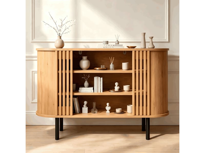 Buffet bas 120x40x80 cm avec rangements ouverts, 3 compartiments, pieds métalliques réglables, meuble salon salle à manger en mdf - naturel - Conforama B