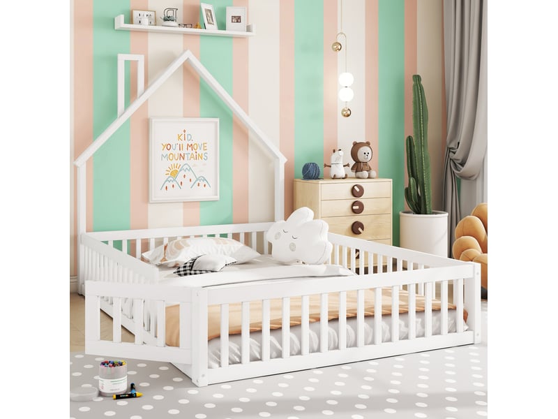 Lit enfant 140x200 cm avec sommier à lattes, forme cheminée, blanc - Conforama C
