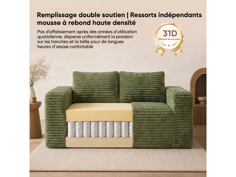  Canapé 2 places vert en velours côtelé, canapé de sol en mousse sans structure, 160 x 88 x 58 cm  - Conforama D