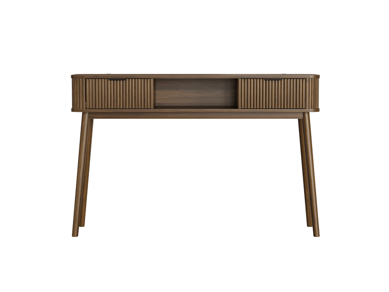 Console 120x35x77,6 cm avec 2 tiroirs en mdf et panneau de particules effet noyer, style mid-century, meuble polyvalent pour salon  - Conforama A