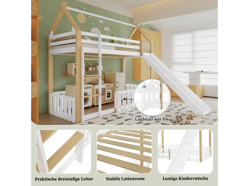  Lit blancnaturel 90x200 cm, pin, mdf et contreplaqué, cabane avec toboggan, échelle et espace inférieur avec barrières  - Conforama E