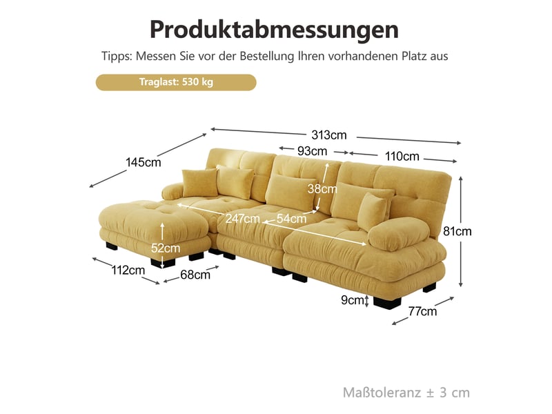  Canapé d'angle modulable convertible 3 places en chenille jaune avec ottomans - 313 x 145 x 81 cm  - Conforama E