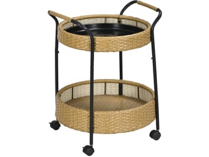 Desserte ronde 50 x 66 cm naturel en polyrattan, 2 plateaux avec roulettes et freins pour intérieur extérieur