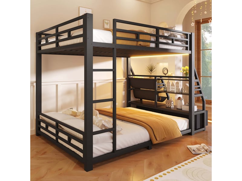  Lit superposé en métal, 140x200cm, avec éclairage led et 2 tiroirs en tissu, lit enfant avec barrières de sécurité, noir  - Conforama D