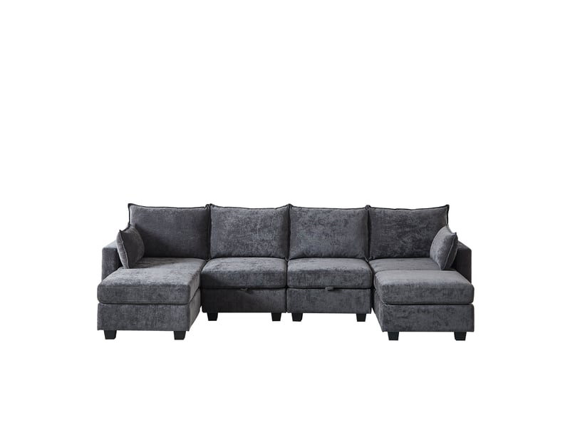Canapé modulable 6 places en u avec rangement intégré, canapé d'angle convertible lit pour invités, revêtement chenille gris - Conforama A