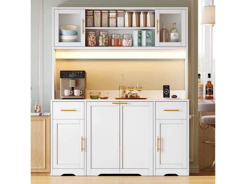  Buffet de cuisine - 173 x 140 x 40 cm - grand meuble de rangement avec meuble à poubelle intégré, éclairage led et prise - blanc  - Conforama C
