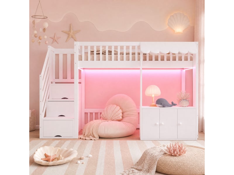  Lit mezzanine 90x200 cm avec escalier de rangement, bois et mdf, blanc sans matelas  - Conforama B