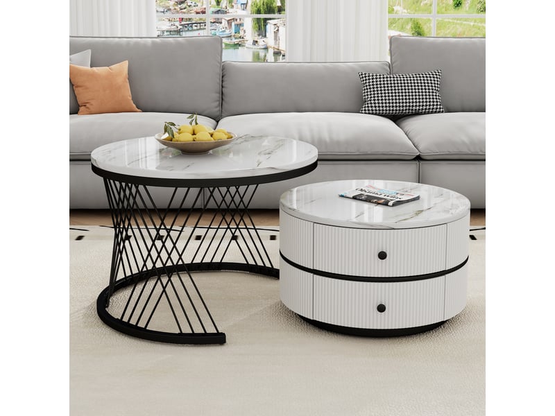  Table basse gigogne effet marbre blanc - lot de 2 tables rondes avec 2 tiroirs  - Conforama E