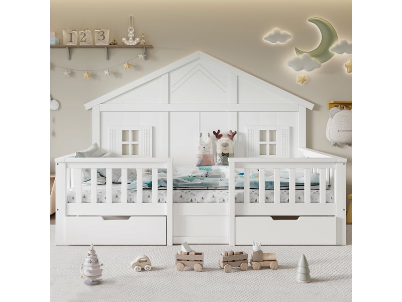 Lit cabane enfant 90x200cm, lit simple avec 2 tiroirs de rangement et fenêtre toit, bois de pin massif et mdf, blanc  - Conforama C